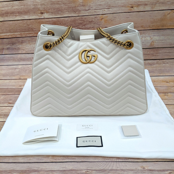 Gucci Handbags - Gucci Marmont Chevron White Leather Shoulder Bag